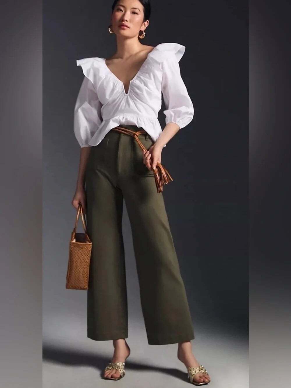 MAEVE Colette Linen Blend Cropped Wide-Leg Pants Size 24 Moss Green Academia